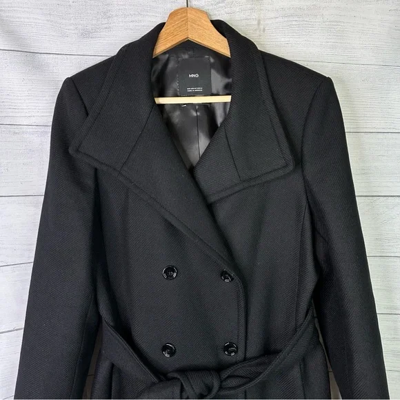 Mango size Medium Woolen Italian Wool Double-Breasted Belted Trench Coat Black - Picture 5 of 14